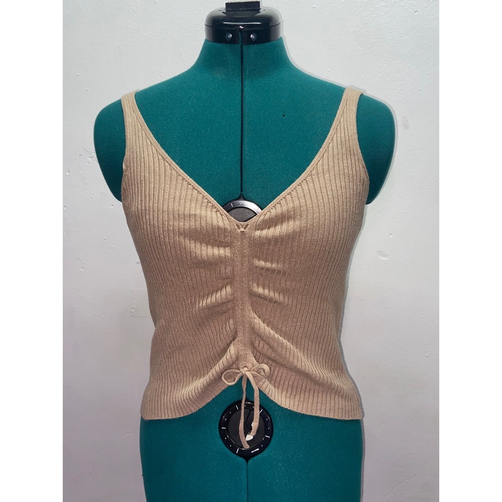 Dreamers by Debut Tan Ribbed Ruched V-Neck Tank Top M Coquette Minimalist Fall